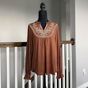 Democracy NWT Embroidered Ruffle Henley Top Balloon Sleeve Boho Peasant Small